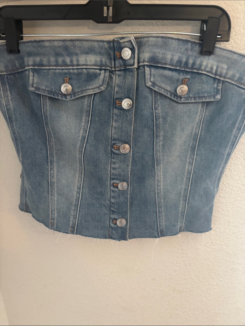Express Light Blue Denim Button-Front Strapless Crop Top